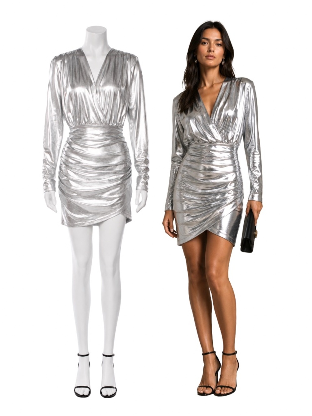 $405 The Andamane Silver Metallic Ruched Mini Dress Stretch Size M